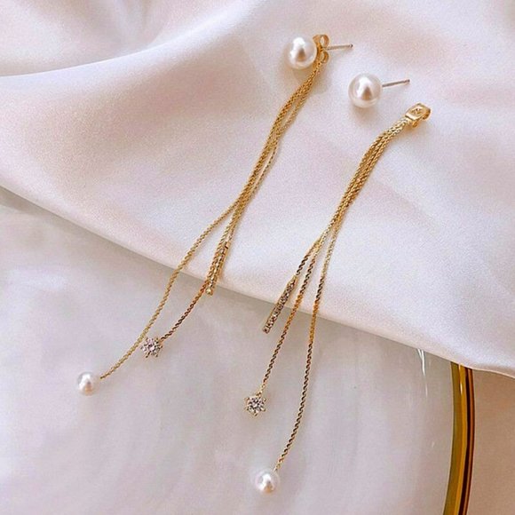 Jewelry - Modest Pearl Crystal Gold Dangle Drop Tassel Stud Earring Earrings Charm CZ